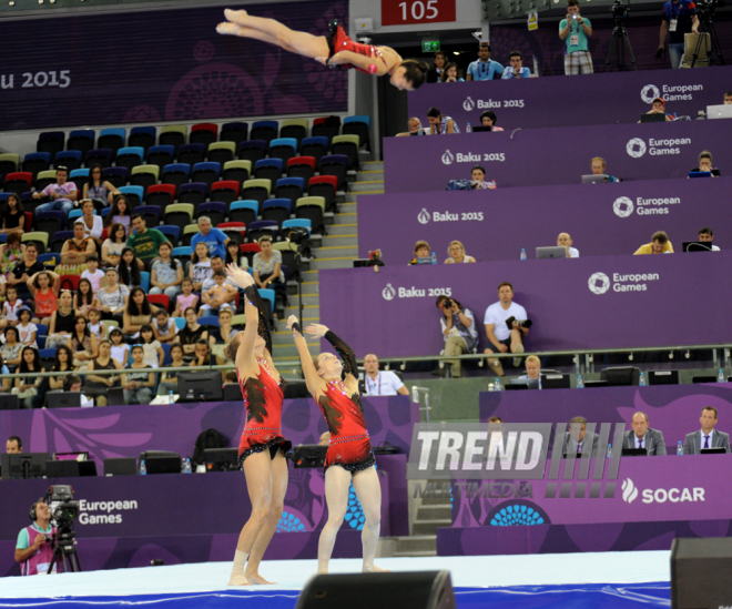 Akrobatika gimnastikası üzrə qadınlar arasında çoxnövçülük yarışlarının final mərhələsi. Bakı, Azərbaycan, 19 iyun 2015